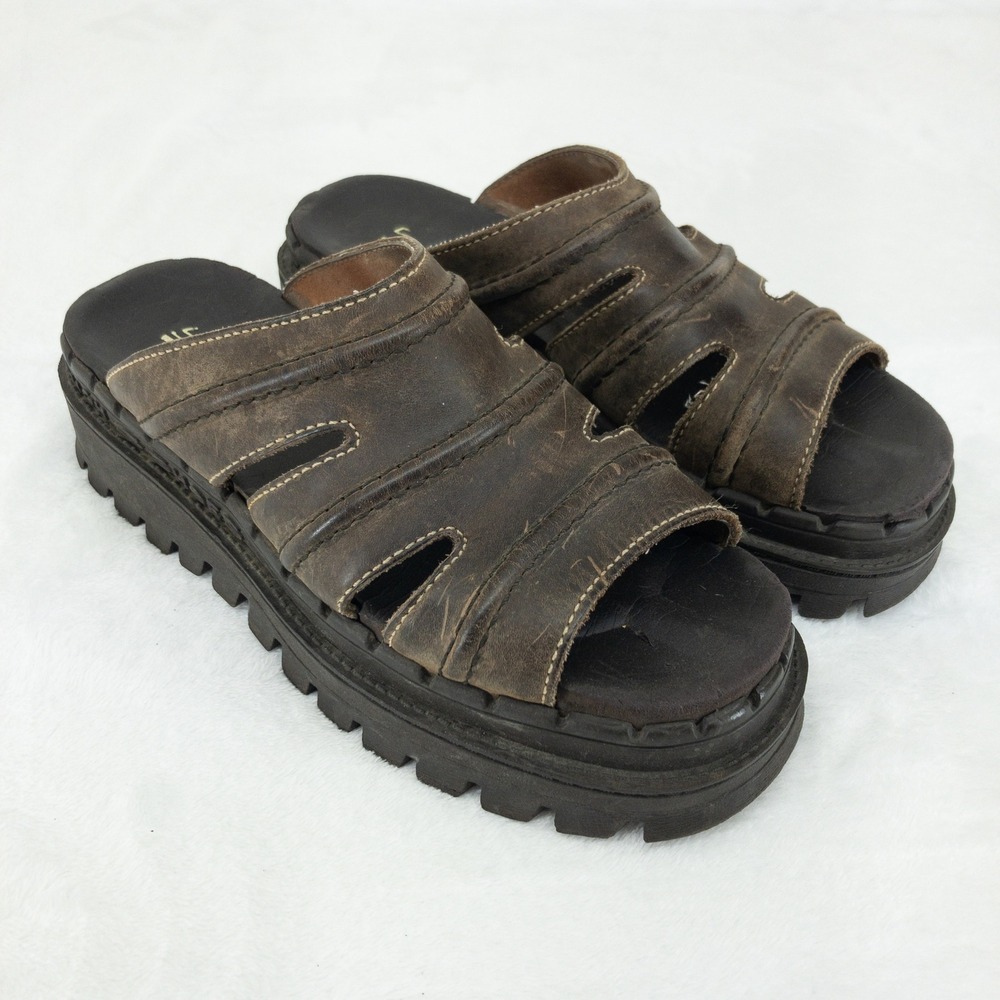 Skechers Jammers Slide Sandals Womens 8 Brown Leather Chunky Lug Sole Vintage